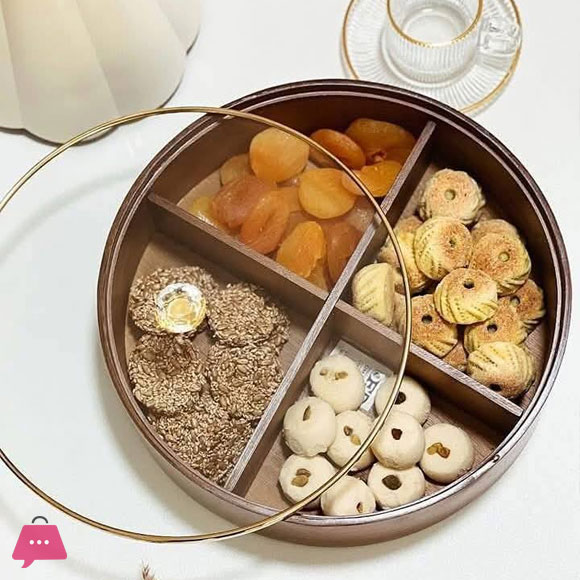4 Compartment Round Divided Dry fruits Snacks Tray with Gold-Rimmed Glass Lid 28cm