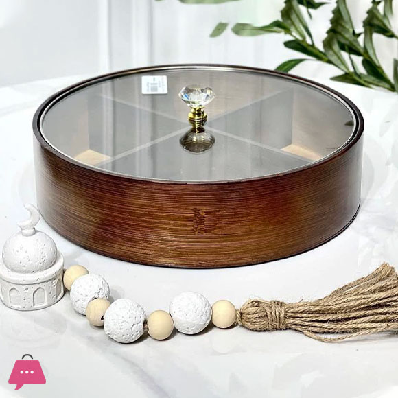 4 Compartment Round Divided Dry fruits Snacks Tray with Gold-Rimmed Glass Lid 28cm