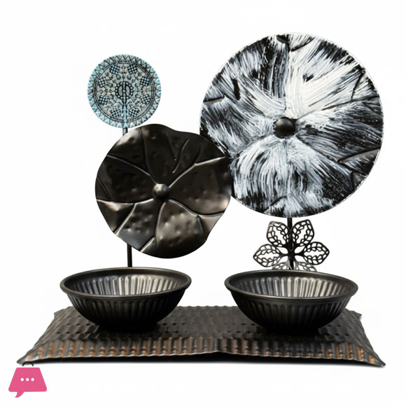 Motifs Lotus Leaf & Patterned Metal Appetizer Serving Set with Dual Bowls
