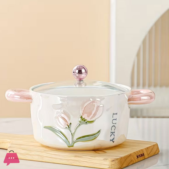 Ceramic Bowl with Lid Pearl Glazed Tulip Double Ear Pasta Bowl