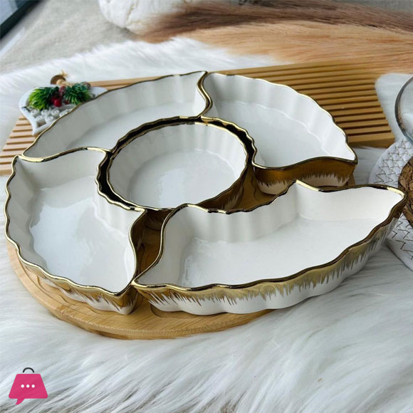 Elegant 6-Piece Ceramic & Bamboo Serving Platter Versatile Divided Appetizer Dish
