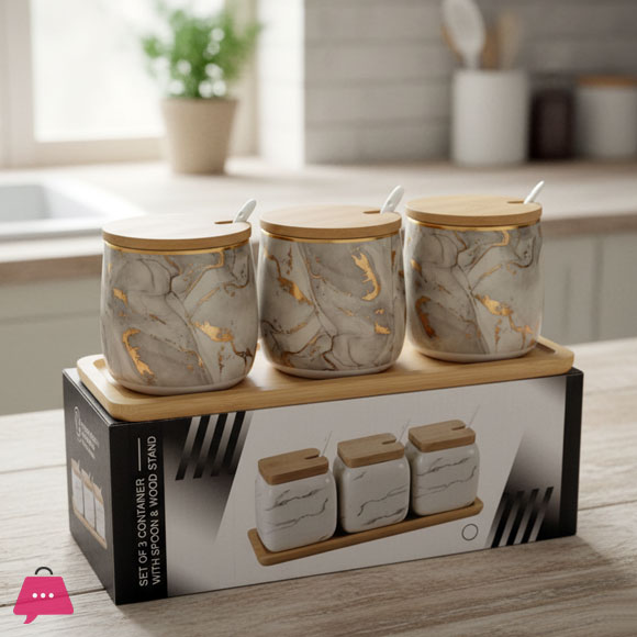 Elegant Marble Ceramic Spice Jars with Bamboo Lids & Stand - Set of 3
