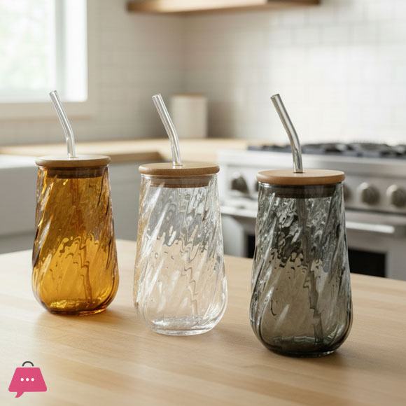 Frosted Glass Tumblers with Bamboo Lid & Straw