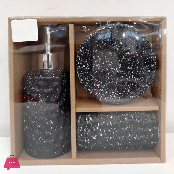 Modern Speckled Ceramic 3-Piece Bathroom Accessory Set - Soap Dispenser, Dish & Tumbler | Black & White