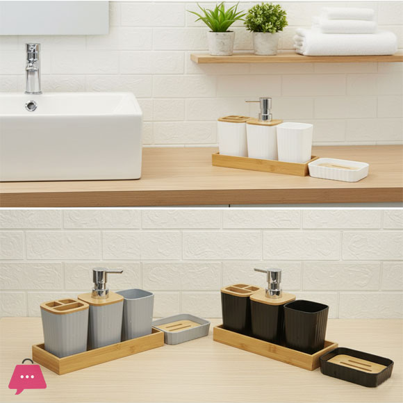 Plastic Bathroom Set 5 Piece with Bamboo Wood Tray