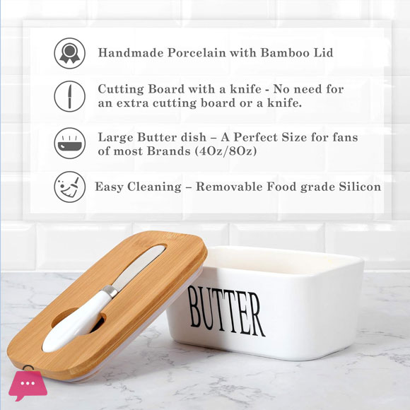 Porcelain Butter Dish with Butter Knife Wooden Butter Keeper Container with Knife and Silicone Sealing