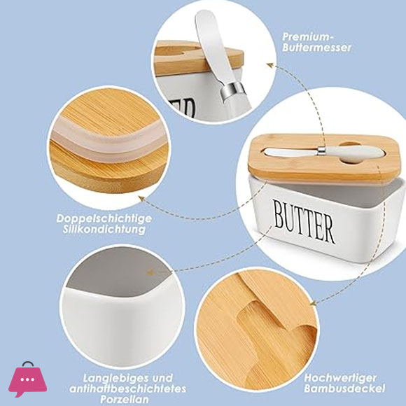 Porcelain Butter Dish with Butter Knife Wooden Butter Keeper Container with Knife and Silicone Sealing