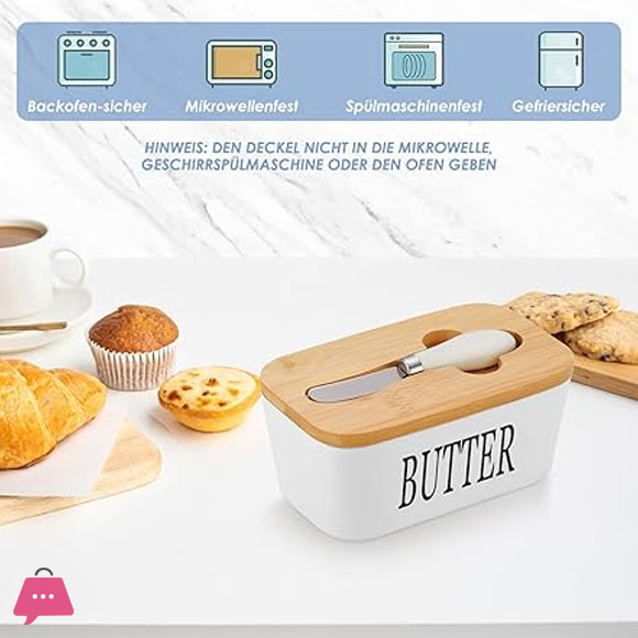 Porcelain Butter Dish with Butter Knife Wooden Butter Keeper Container with Knife and Silicone Sealing