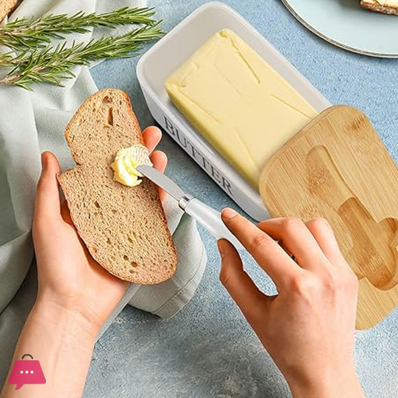 Porcelain Butter Dish with Butter Knife Wooden Butter Keeper Container with Knife and Silicone Sealing