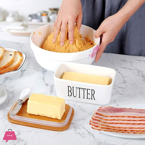Porcelain Butter Dish with Butter Knife Wooden Butter Keeper Container with Knife and Silicone Sealing