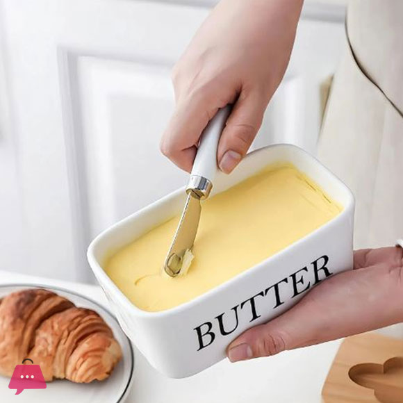 Porcelain Butter Dish with Butter Knife Wooden Butter Keeper Container with Knife and Silicone Sealing