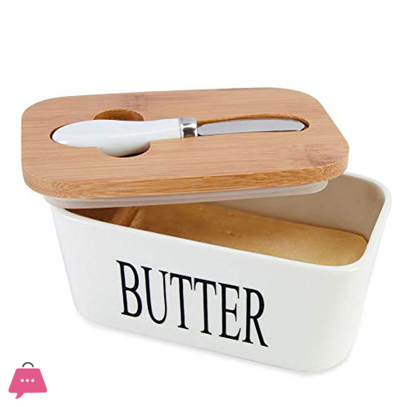 Porcelain Butter Dish with Butter Knife Wooden Butter Keeper Container with Knife and Silicone Sealing