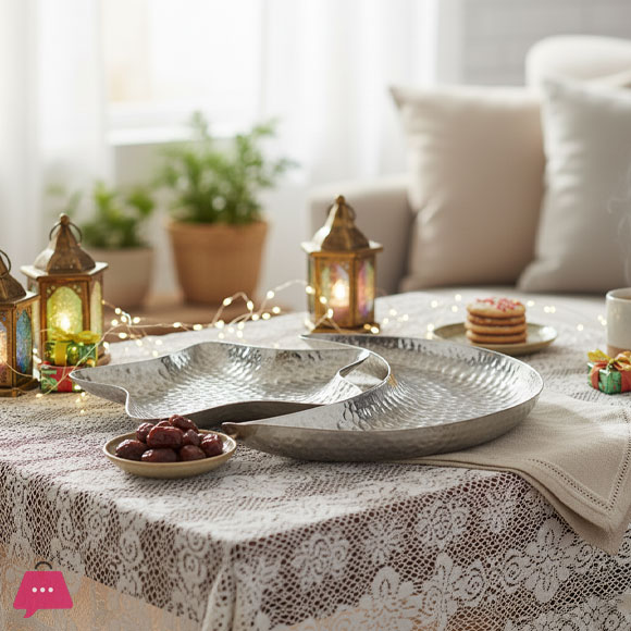 Ramadan or Eid Mubarak Hammered Decorative Moon and Star Serving Tray