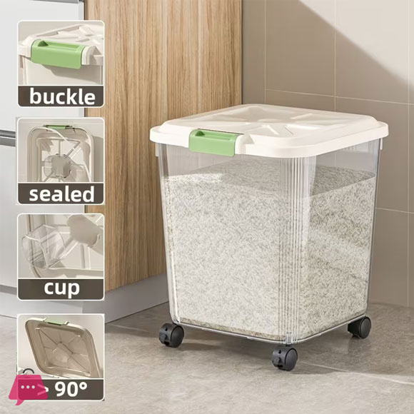 Rice Barrel with Wheels and Measuring Cup 30Ltr