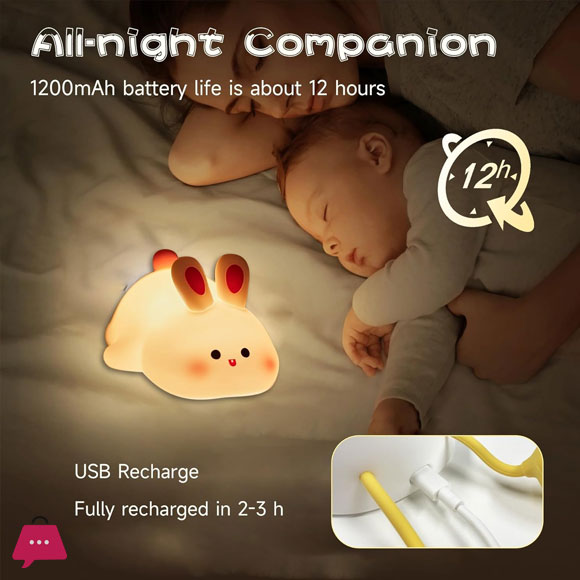 Silicone Bunny Night Light for Kids Rechargeable Cute Rabbit Lamp with Touch Sensor Soft Portable Nursery Night Lamp