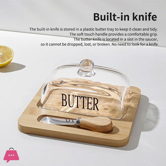 Wood Butter Dish with Glass Lid and Knife