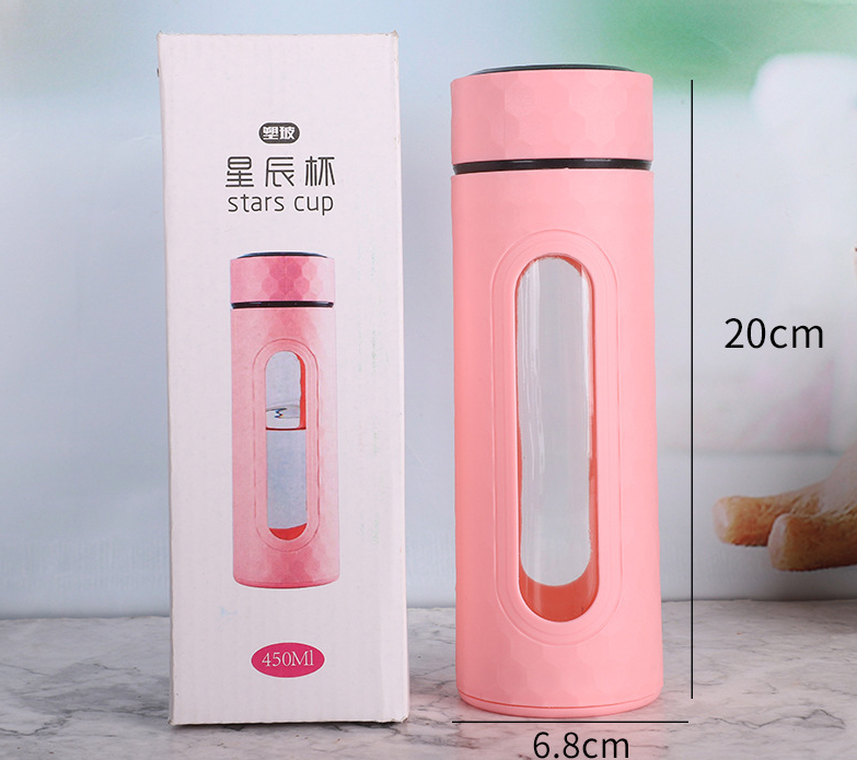 Sports Insulated Glass Water Bottle Double Wall Heat Resisted Bottle With Plastic Case Leak Proof Drinking Car Tumbler Water Bottle Thermal Flask Bottle ,450 ml, Multicolor (1 Piece)