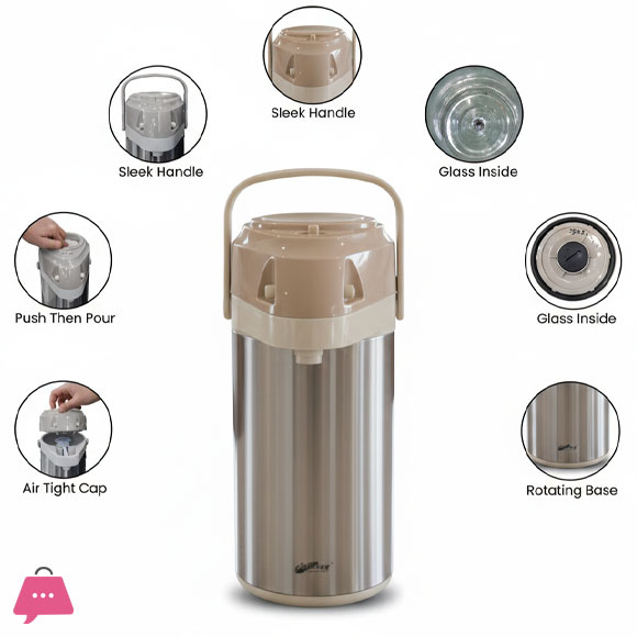 3-Liter Stainless Steel Airpot Thermos Vacuum Insulated Pump Flask with Glass Liner & Rotating Base (Available in Blue, Brown, Green)