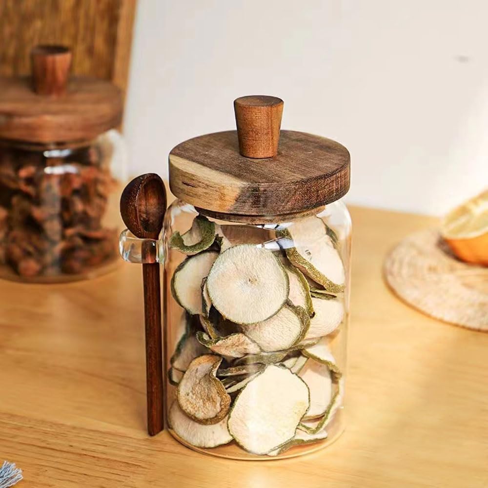 Glass Jars with Wooden Lids with Spoons Set of 3
