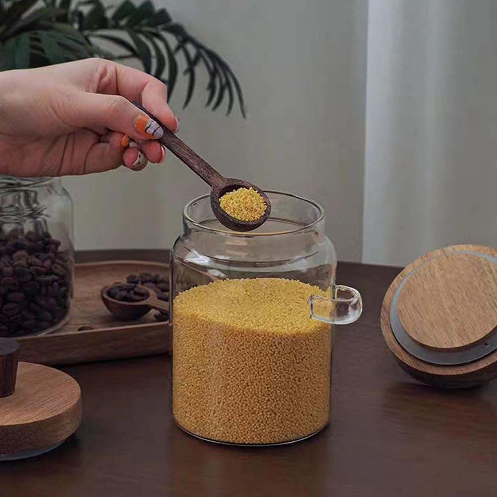 Glass Jars with Wooden Lids with Spoons Set of 3