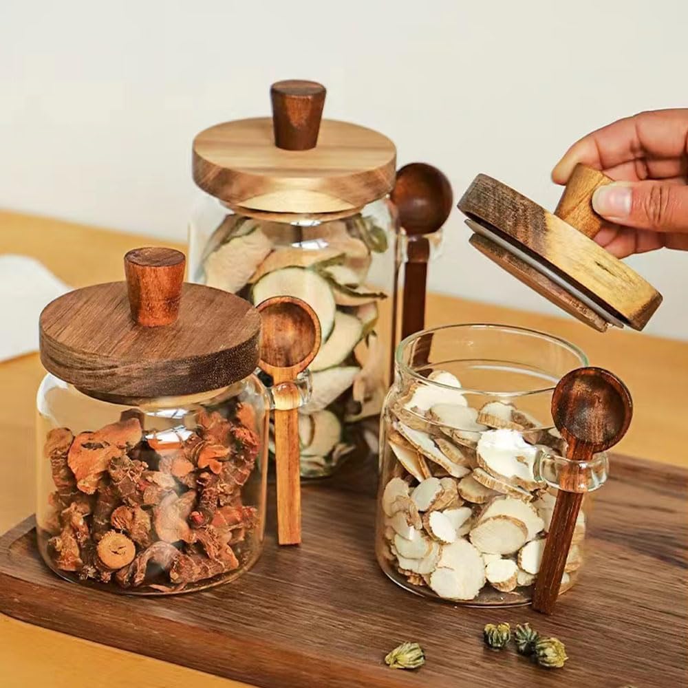 Glass Jars with Wooden Lids with Spoons Set of 3