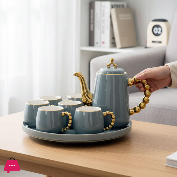 9 Pcs Porcelain Tea Set With Rotating Round Tray