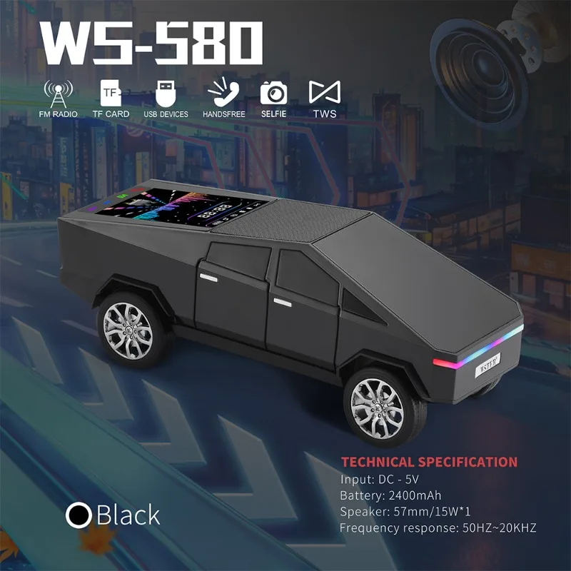Tesla Cyber Truck Bluetooth Speaker with Display Screen HIFI Stereo Surround Desktop Computer Audio Support TF Card USB Playback