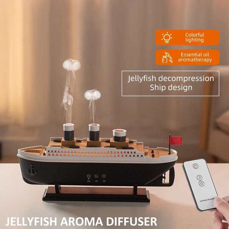 Titanic Ship Model Air Humidifier Jellyfish Smoke Ring Spray Aroma Diffuser Night Light for Home