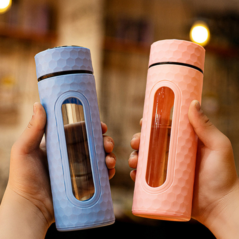 Sports Insulated Glass Water Bottle Double Wall Heat Resisted Bottle With Plastic Case Leak Proof Drinking Car Tumbler Water Bottle Thermal Flask Bottle ,450 ml, Multicolor (1 Piece)