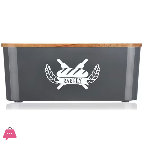 Bread Box Pandeia Gray With Bamboo Lid Used as a Cutting Board