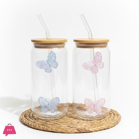 Butterfly Ice Tea Glass with Straw & Lid