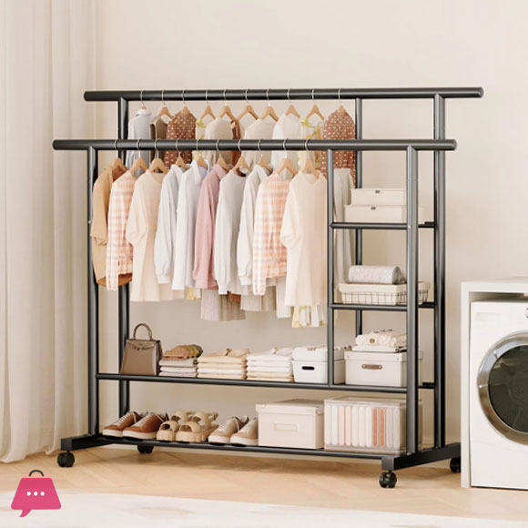 Heavy-Duty Double Rod Clothes Rack with Storage Shelves & Wheels – 150cm