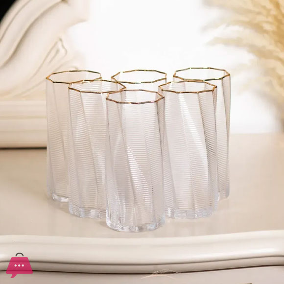 RUSSIAN Gold Rim Ribbed Wave Crystal Highball Glass Set of 6