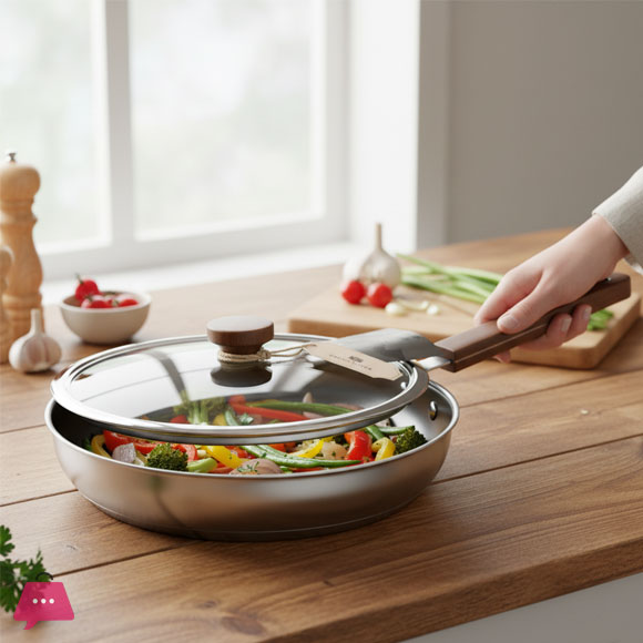 Stainless Steel Frying Pan With Lid Wood Handle 24cm