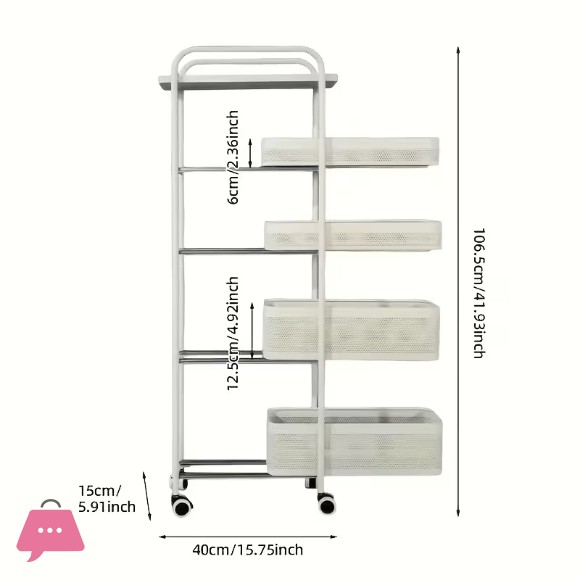 Binca 5 Tier Utility Trolley Practical Shelf for Storage Kitchen/Bathroom/Bedroom/Next to Refrigerator Carbon Steel Black/White