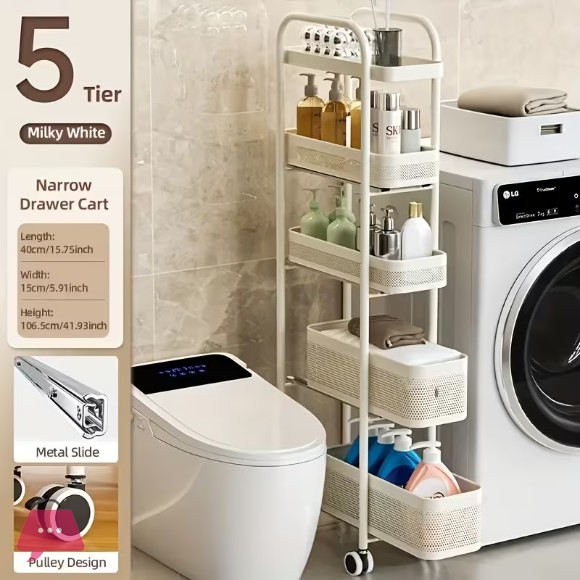 Binca 5 Tier Utility Trolley Practical Shelf for Storage Kitchen/Bathroom/Bedroom/Next to Refrigerator Carbon Steel Black/White