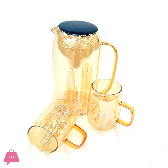 7-Piece Smoky Grey Glass Water Set – Heat-Resistant Pitcher with 6 Mugs and Gold Handles