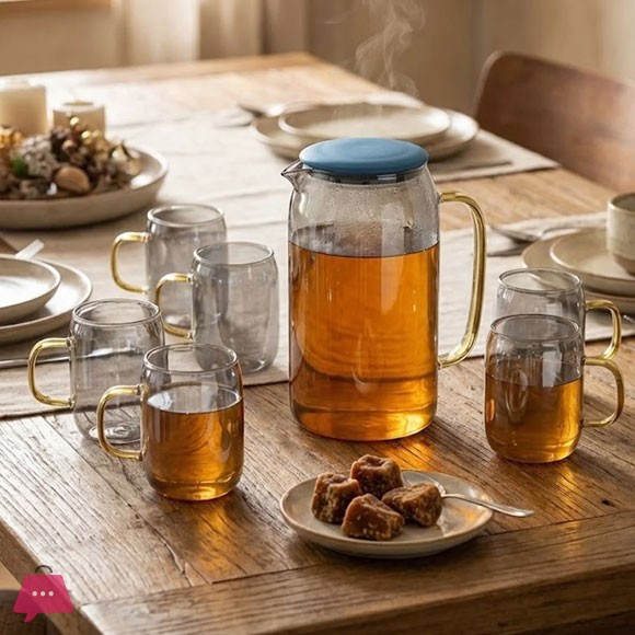 7-Piece Smoky Grey Glass Water Set – Heat-Resistant Pitcher with 6 Mugs and Gold Handles