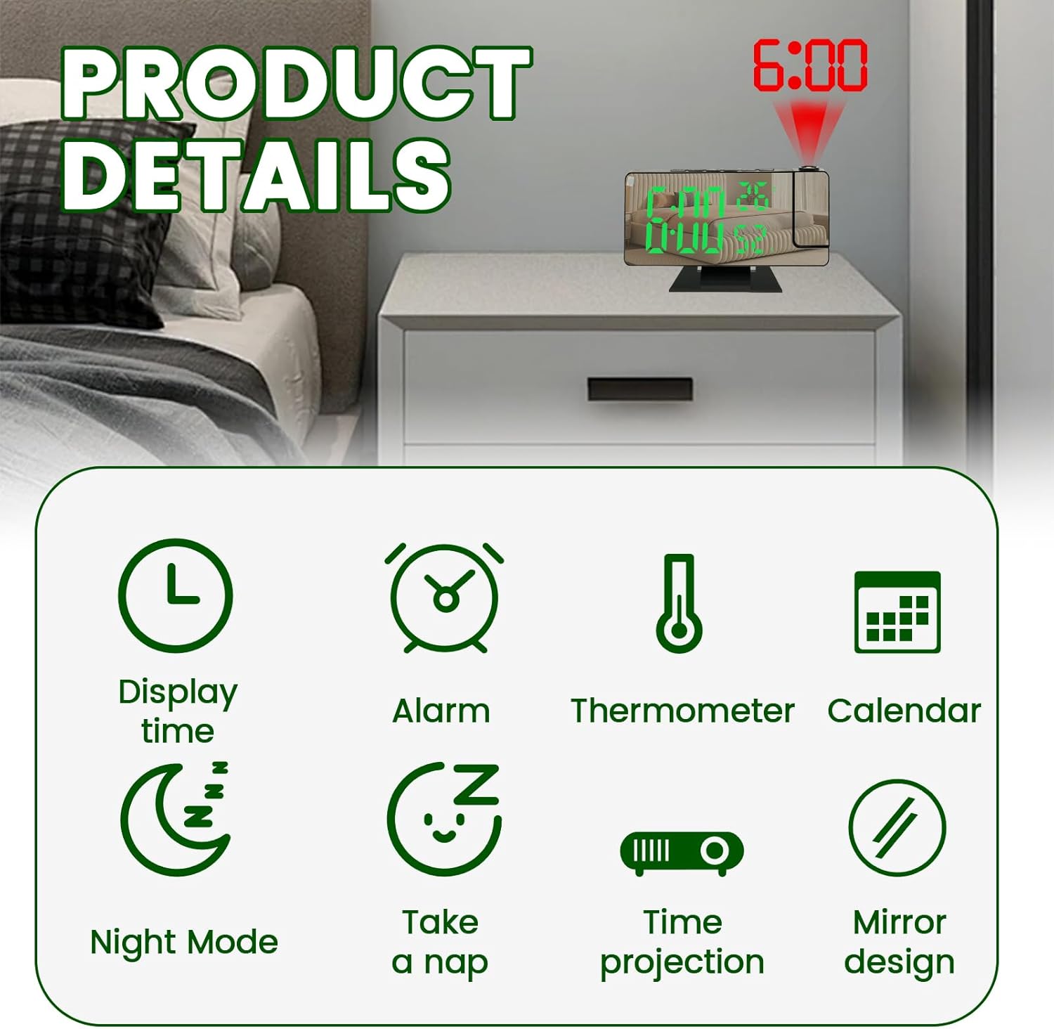 Projection Alarm Clock with 180° Rotatable Projector