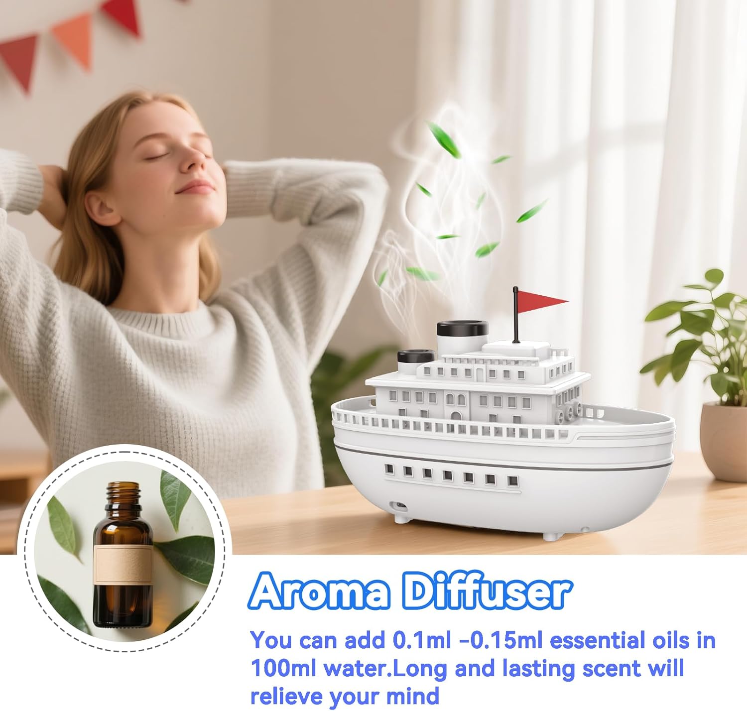 Steamboat Diffuserlove Ship Aromatherapy Diffuser Humidifier 300ml Essential Oil Diffuser for Home Bedroom Office Decorative Cool Mist Humidifier