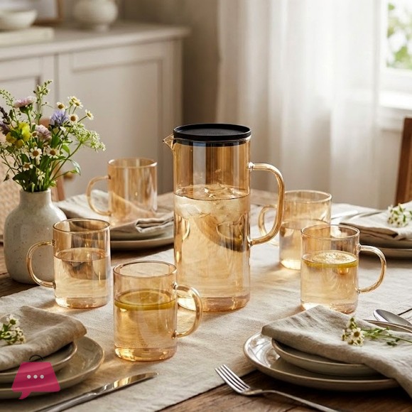 Modern Lightweight Amber Glass Water Pitcher and 6-Piece Mug Set with Filter Lid