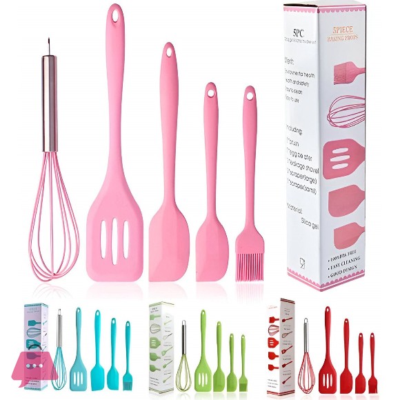 Pack of 5 Premium Silica Gel Kitchen Utensils Set with Storage Box – Non-Stick, Heat Resistant Cooking Tools