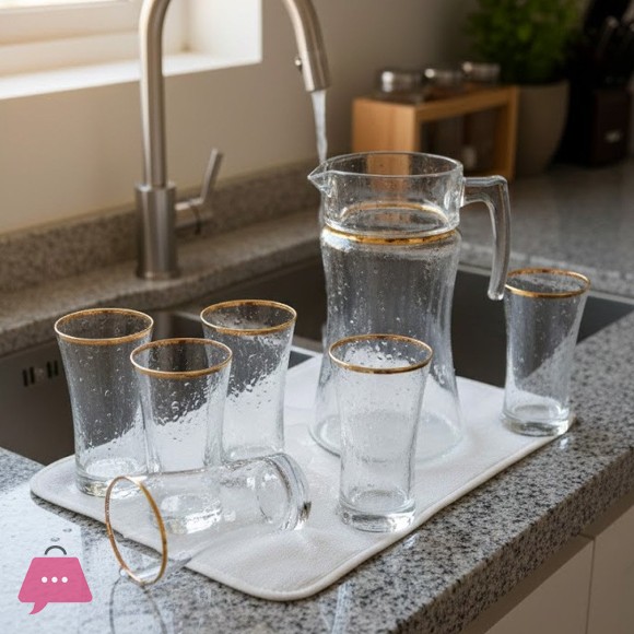Pasabahce Turkish 7-Piece Glass Water Set with Gold Rim – 1 Jug & 6 Glasses
