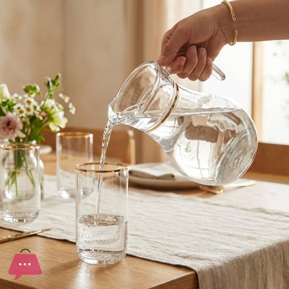 Pasabahce Turkish Gold Rim Water Set (7-Piece) Premium Glass Jug & Tumblers