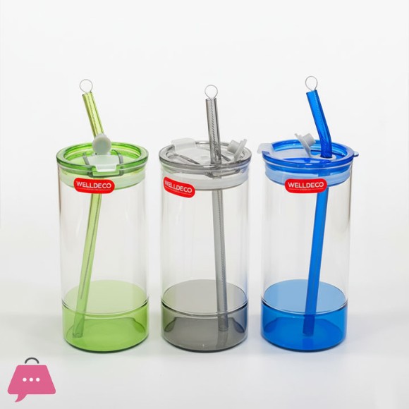 WELLDECO Sipper Straw Glass With Lid Straw & Ceaning Brush 1-Piece