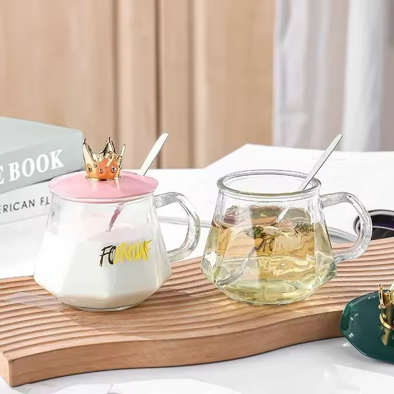 Golden Crown Shape Mug Tea-Coffee Mug Glass Cup with Handle, Stainless Steel Spoon