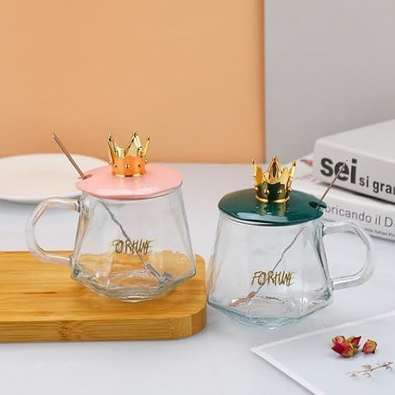 Golden Crown Shape Mug Tea-Coffee Mug Glass Cup with Handle, Stainless Steel Spoon