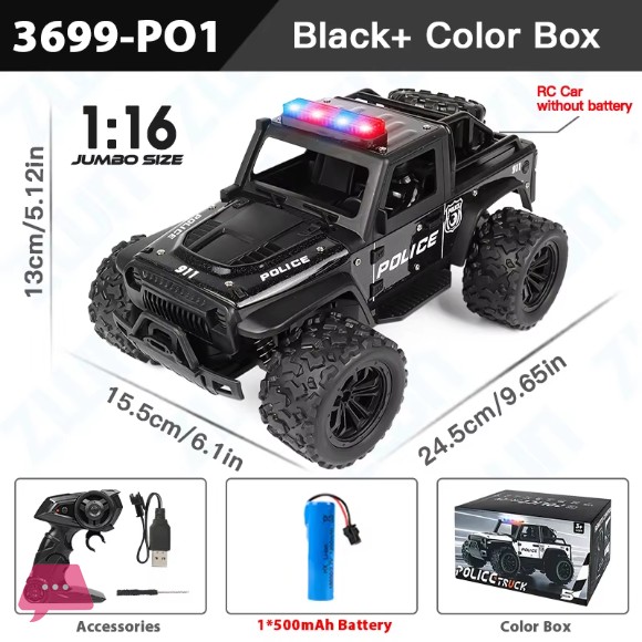 1:16 Alloy High Speed Off-Road Police Truck RC Car with Music Sound and LED Lights Outdoor Toy 2.4G Remote Control Cars