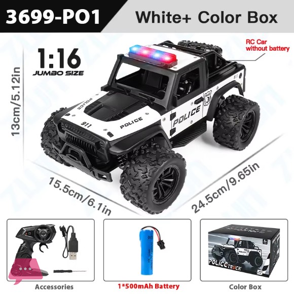 1:16 Alloy High Speed Off-Road Police Truck RC Car with Music Sound and LED Lights Outdoor Toy 2.4G Remote Control Cars