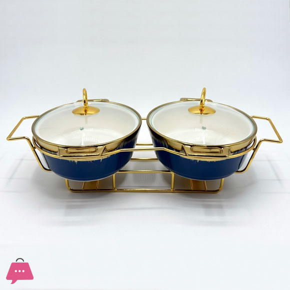 Twin Ceramic Dishes Buffet Dish Set Premium Gold-Plated Stainless Steel Frame Oval